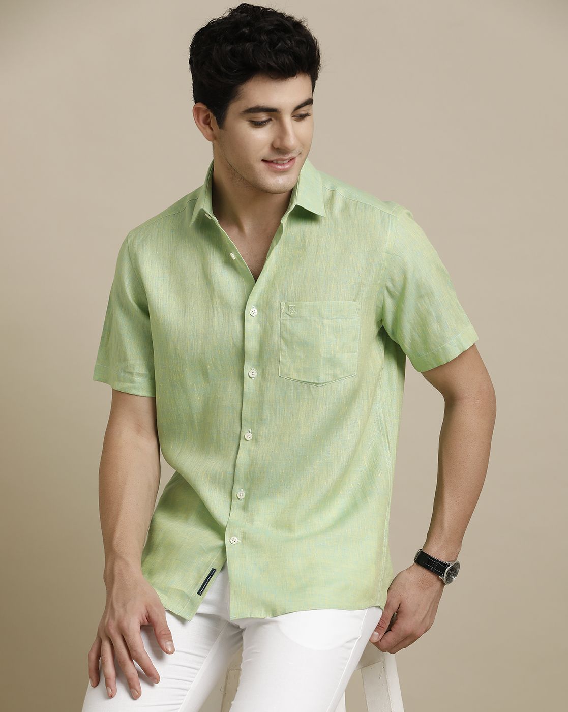 LINEN CLUB MEN'S PURE LINEN GREEN CHAMBRAY REGULAR FIT HALF SLEEVE CASUAL SHIRT