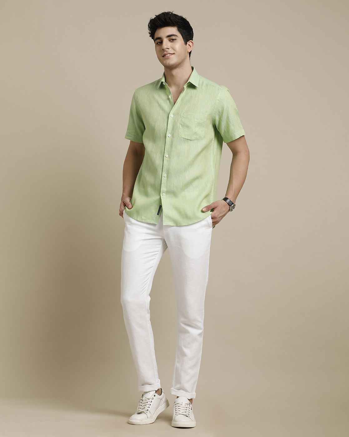 LINEN CLUB MEN'S PURE LINEN GREEN CHAMBRAY REGULAR FIT HALF SLEEVE CASUAL SHIRT