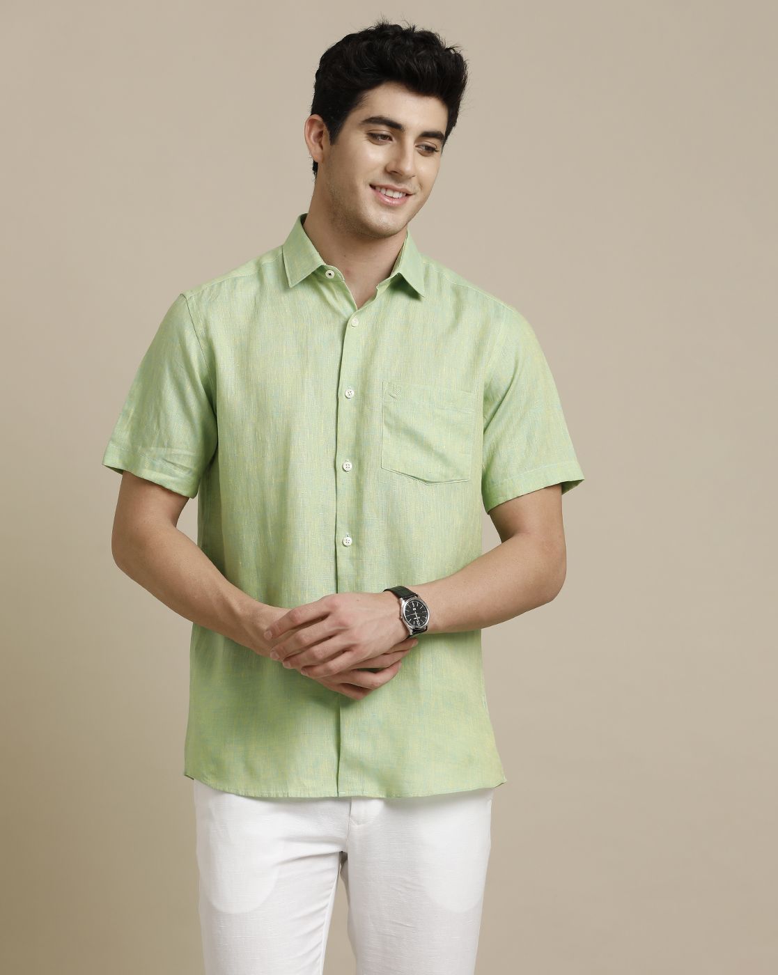 LINEN CLUB MEN'S PURE LINEN GREEN CHAMBRAY REGULAR FIT HALF SLEEVE CASUAL SHIRT