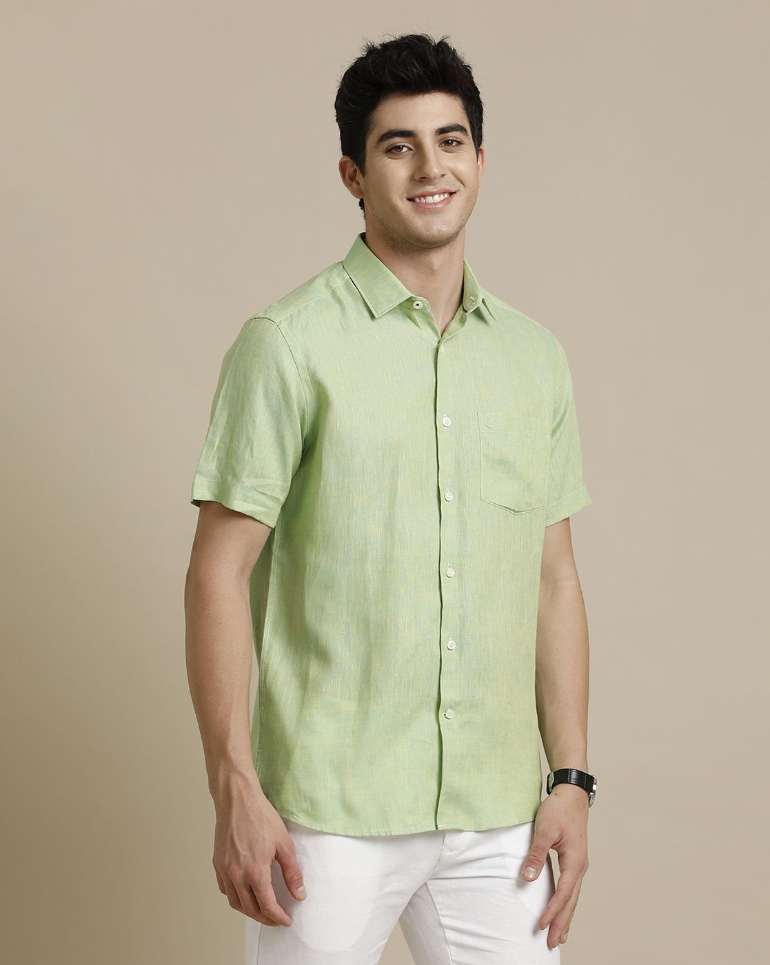 LINEN CLUB MEN'S PURE LINEN GREEN CHAMBRAY REGULAR FIT HALF SLEEVE CASUAL SHIRT