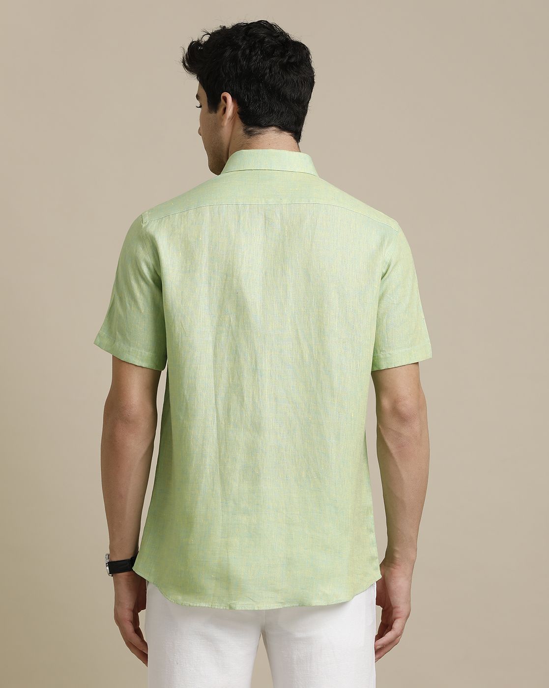LINEN CLUB MEN'S PURE LINEN GREEN CHAMBRAY REGULAR FIT HALF SLEEVE CASUAL SHIRT