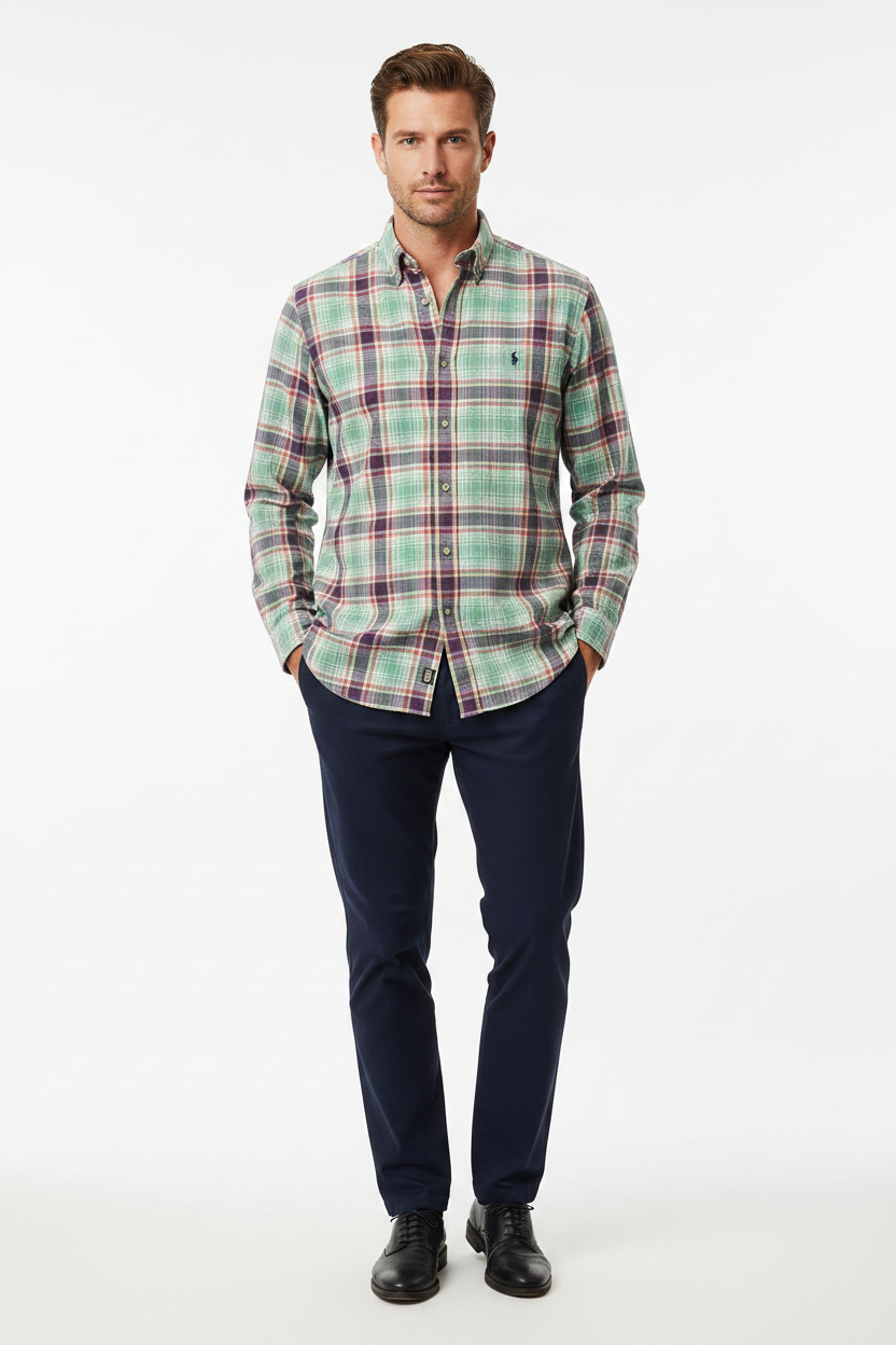 Male model wearing plaid shirt