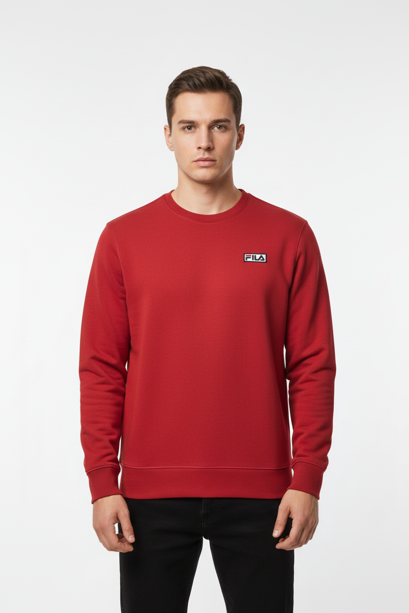 Model wearing red FILA sweatshirt