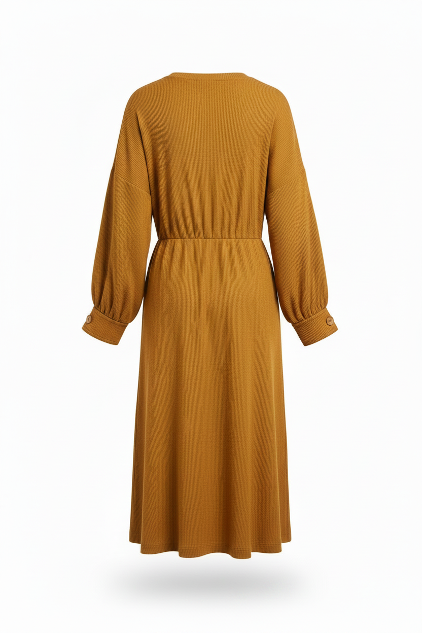 Mustard Ribbed Midi Dress – Back View No Elastic