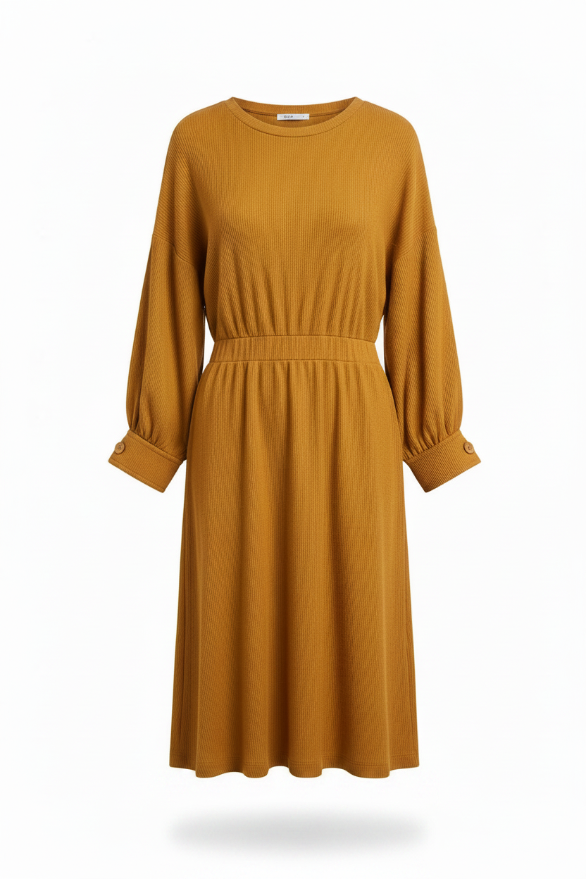 Mustard Ribbed Midi Dress – White Background