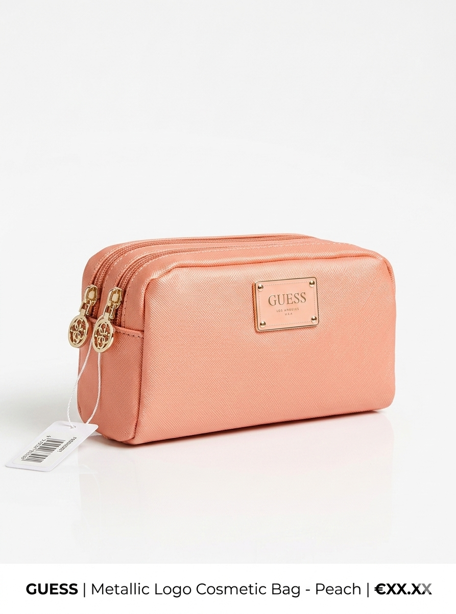GUESS cosmetic bag featuring a metallic logo plaque and double zippers. PWBAHIP0273