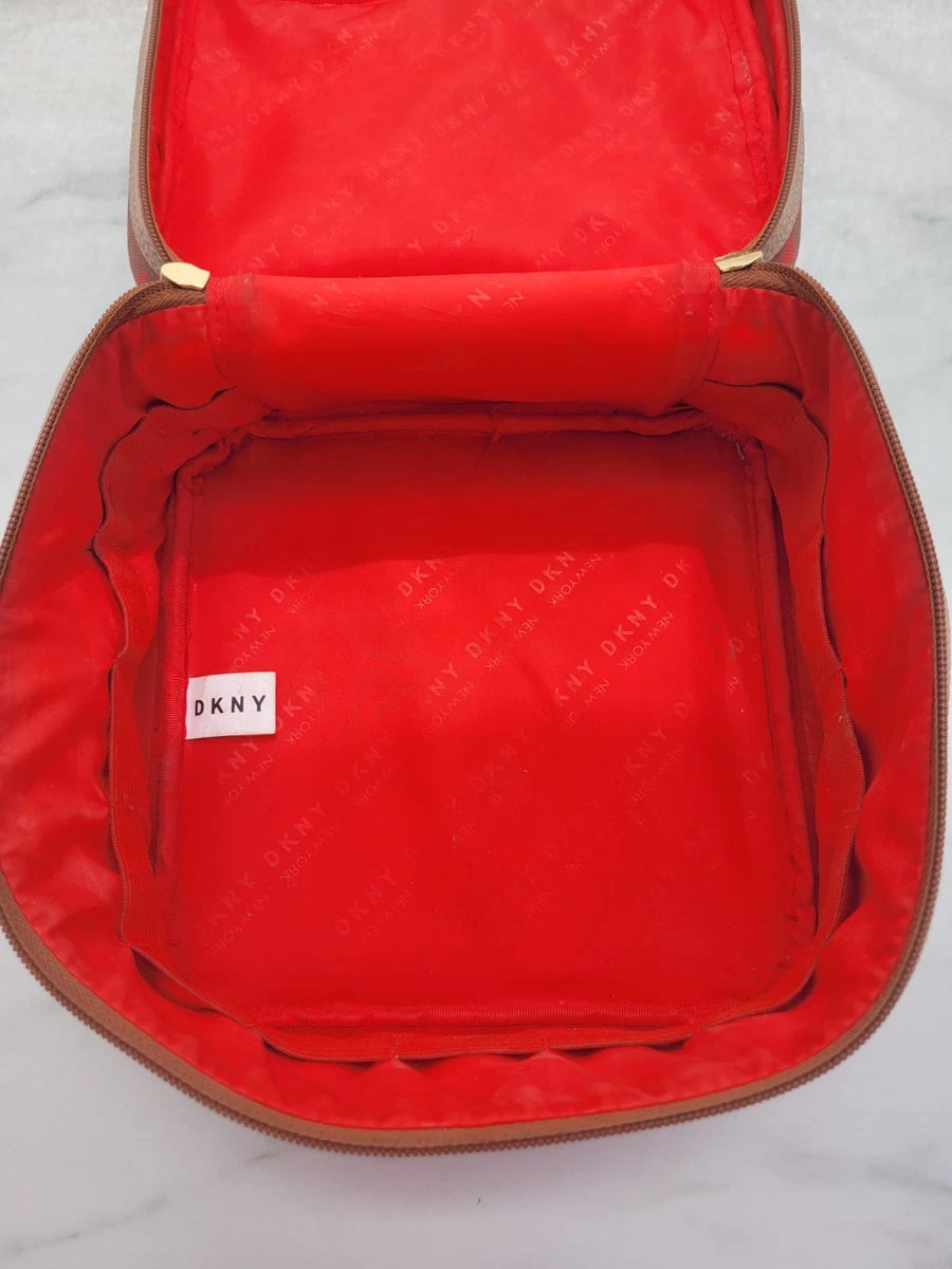 DKNY Designer Large Taupe Brown Pink Zipped Make up Cosmetic Bag Vanity Case