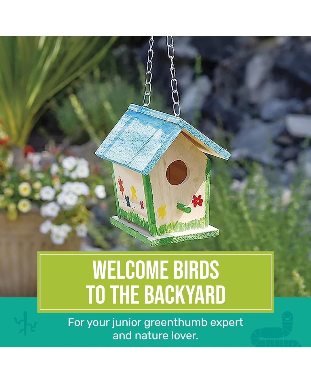 Toysmith Beetle & Bee Build A Bird Bungalow - DIY Kid Art Craft Outdoor Birdhouse Kit, 6" x 4" 6", Hardware glue included- 4 Paints, 1 Brush, 7 Wooden Pcs, Chain for Tree Hanging, Age 5+