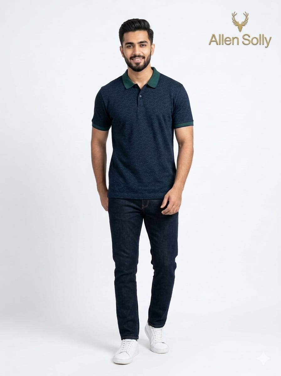 Allen Solly Men's Premium Slim-Fit Patterned Polo Shirt – Deep Navy & Forest Green