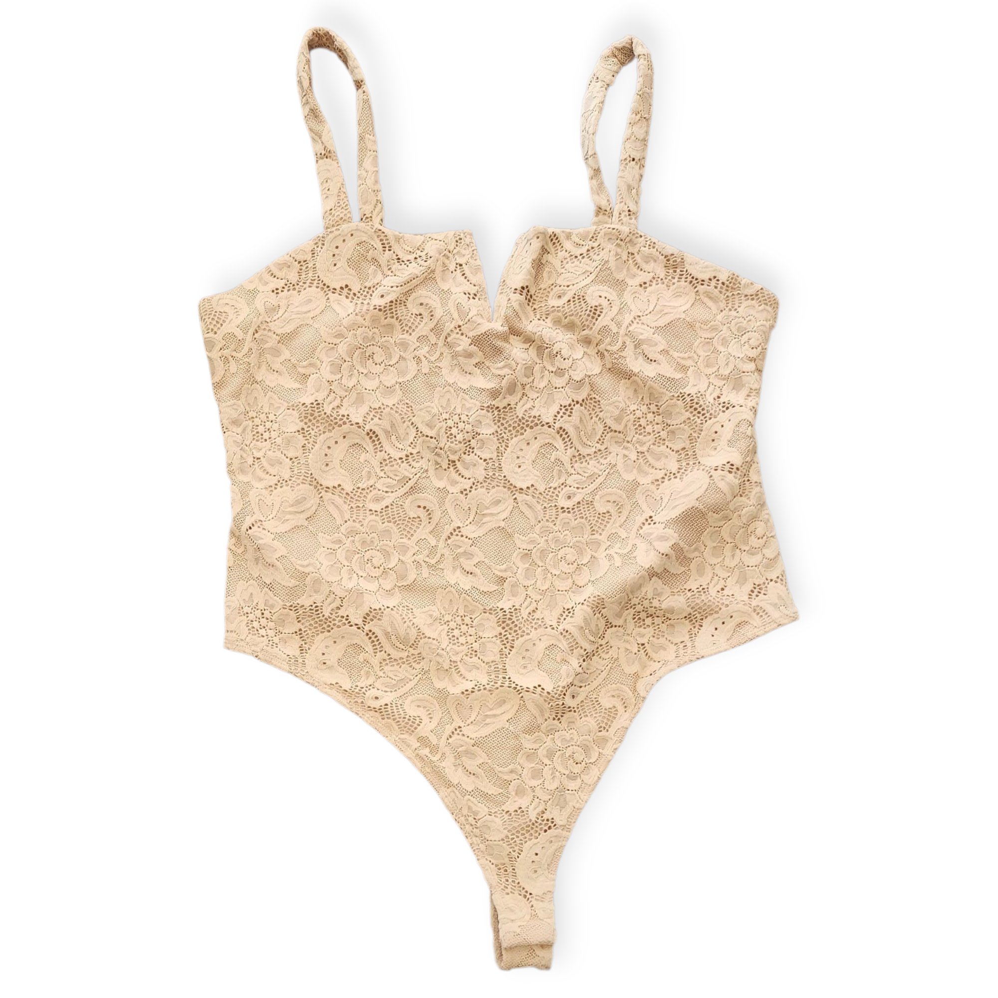 FOREVER 21+ BEIGE WOMEN'S BODYSUIT WITH FLORAL MESH