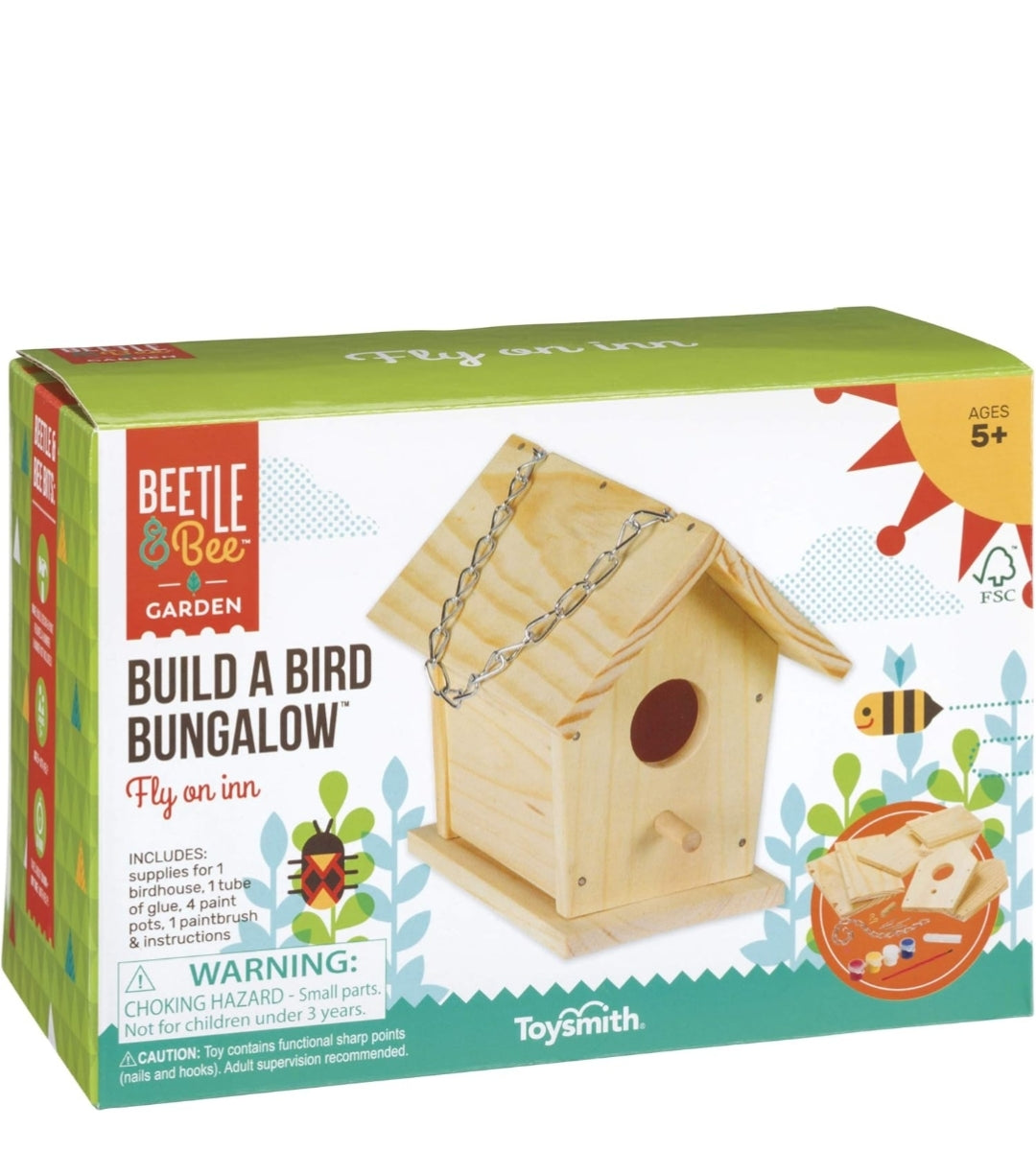 Toysmith Beetle & Bee Build A Bird Bungalow - DIY Kid Art Craft Outdoor Birdhouse Kit, 6" x 4" 6", Hardware glue included- 4 Paints, 1 Brush, 7 Wooden Pcs, Chain for Tree Hanging, Age 5+