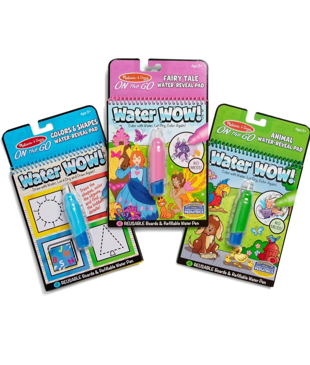 Melissa & Doug On the Go Water Wow! Reusable Water-Reveal Activity Pads, 3-pk, Colors and Shapes, Fairy Tales, Animals - Travel Toys, Stocking Stuffers, Mess Free Coloring For Kids Ages 3+
