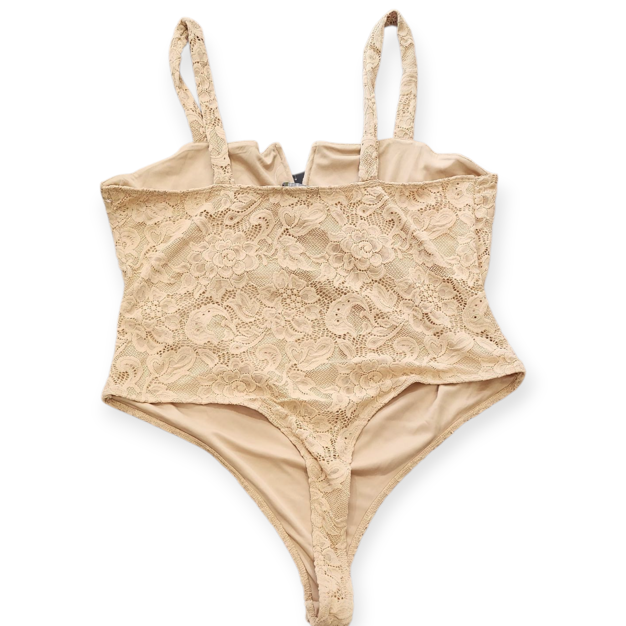 FOREVER 21+ BEIGE WOMEN'S BODYSUIT WITH FLORAL MESH