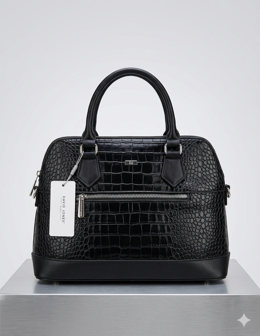 David Jones Women’s Handbag black crocodile-textured top handle with a silver-toned zipper and hardware DJ1001
