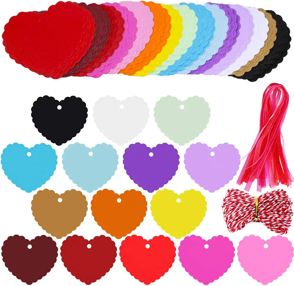 Supla 120 Pcs 15 Colors Valentine's Day Wavy Heart Cut Out Gift Tags with Hole Favor Tags Blank Paper Hang Tags Treats Tags Hang Tags Hang Label Cards Wish Tree Tags and Organza Ribbons Bakers Twine