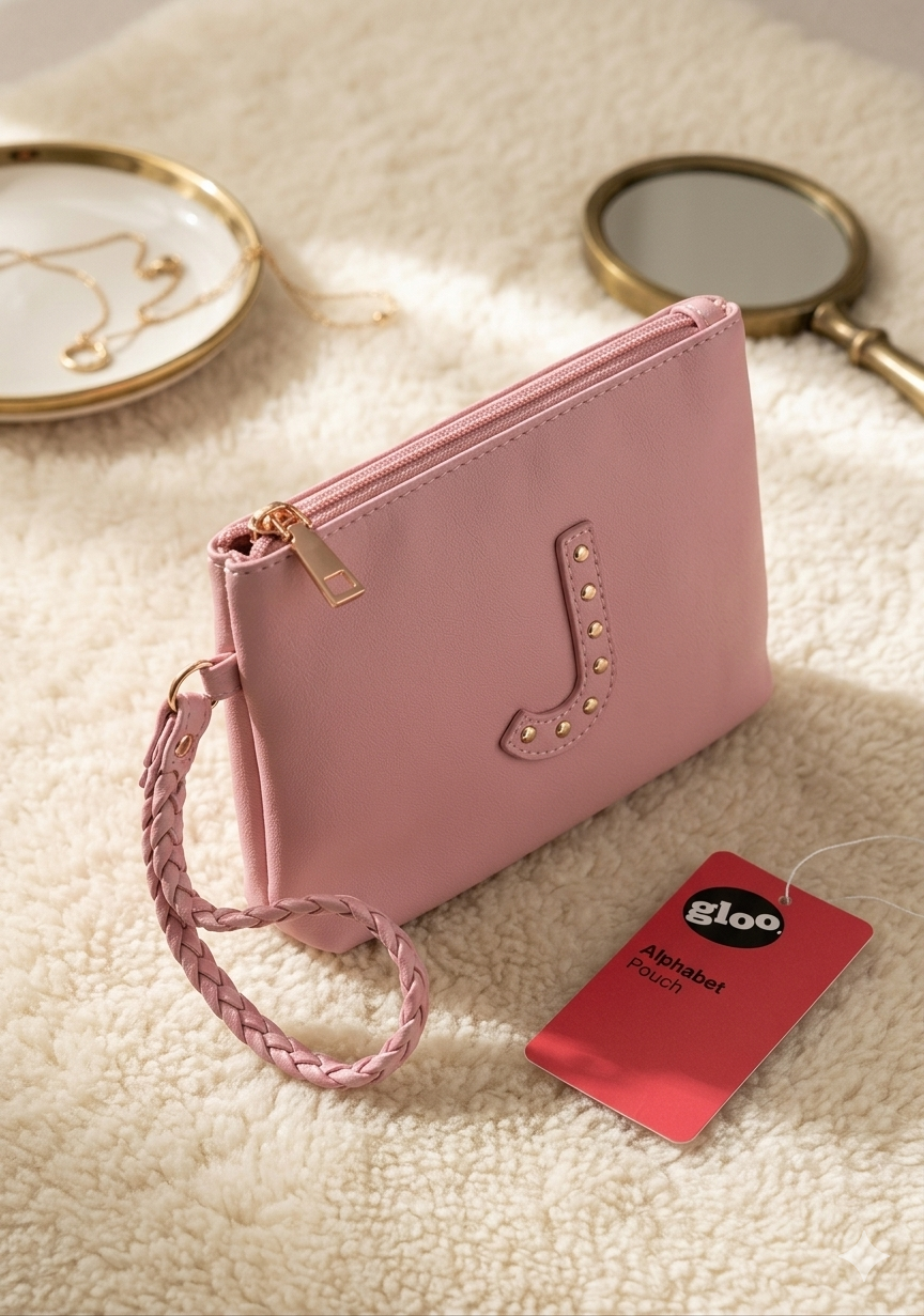 Gloo Studded Alphabet J Pouch with Wrist Tag and Zipper Closure