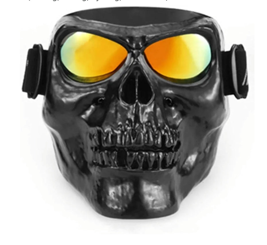 Motorbike Motorcycle Off-Road Riding Goggles Glasses with Skull Face Mask Open Face Helmet (Black Skull with Silver Lens)
