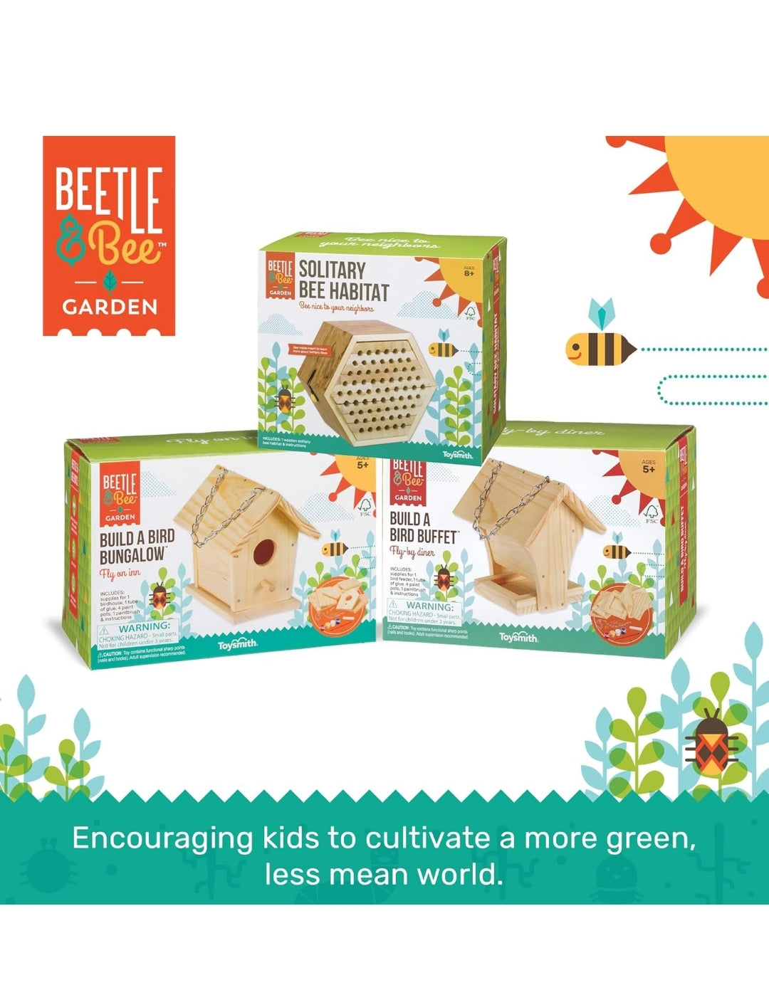 Toysmith Beetle & Bee Build A Bird Bungalow - DIY Kid Art Craft Outdoor Birdhouse Kit, 6" x 4" 6", Hardware glue included- 4 Paints, 1 Brush, 7 Wooden Pcs, Chain for Tree Hanging, Age 5+