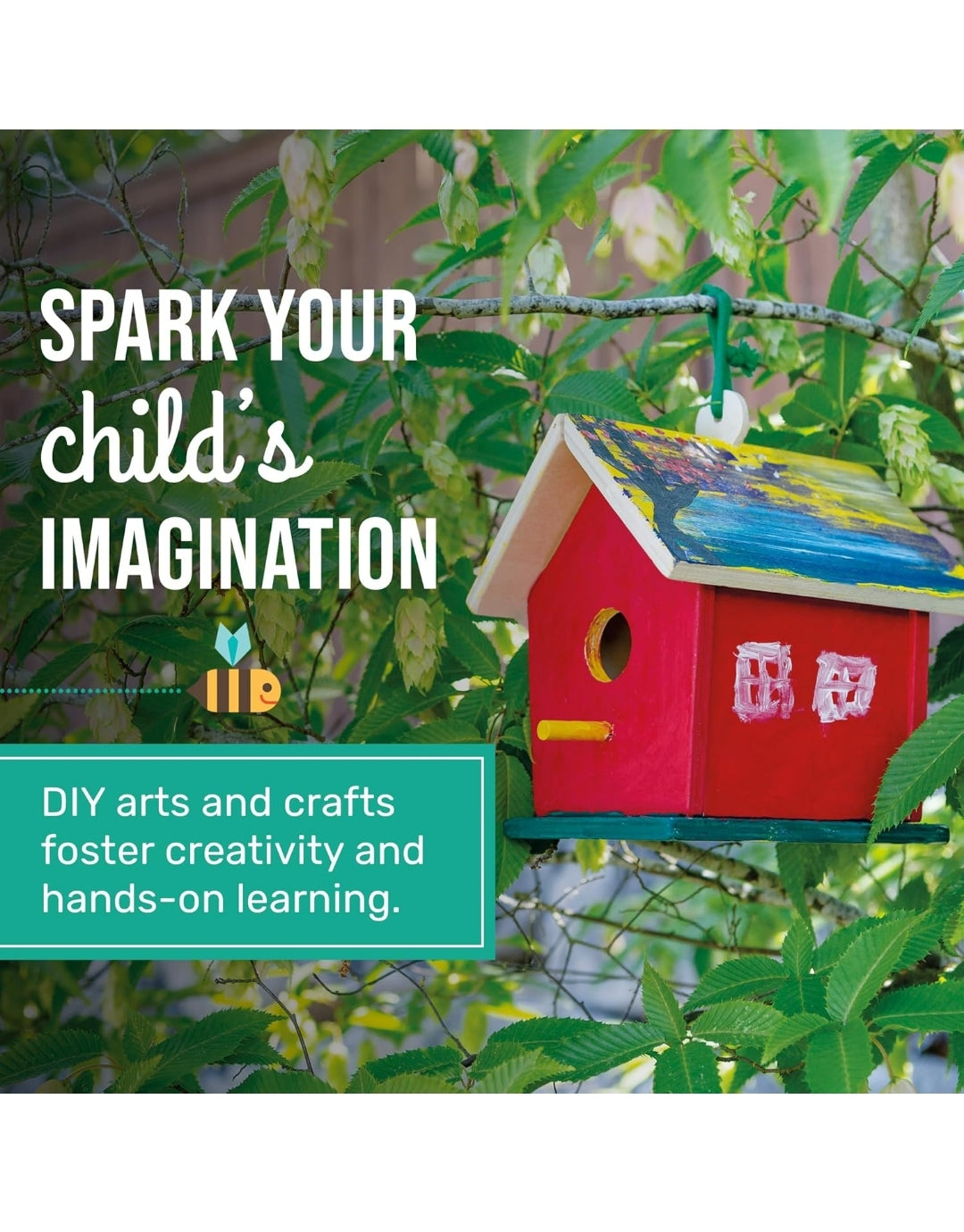 Toysmith Beetle & Bee Build A Bird Bungalow - DIY Kid Art Craft Outdoor Birdhouse Kit, 6" x 4" 6", Hardware glue included- 4 Paints, 1 Brush, 7 Wooden Pcs, Chain for Tree Hanging, Age 5+