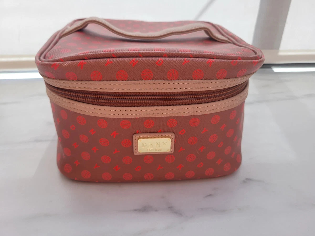 DKNY Designer Large Taupe Brown Pink Zipped Make up Cosmetic Bag Vanity Case