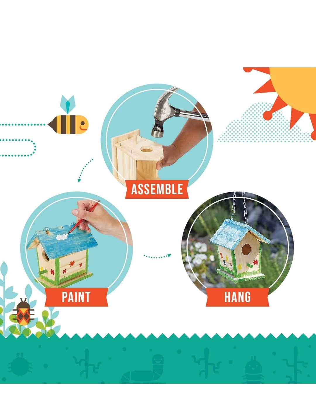 Toysmith Beetle & Bee Build A Bird Bungalow - DIY Kid Art Craft Outdoor Birdhouse Kit, 6" x 4" 6", Hardware glue included- 4 Paints, 1 Brush, 7 Wooden Pcs, Chain for Tree Hanging, Age 5+