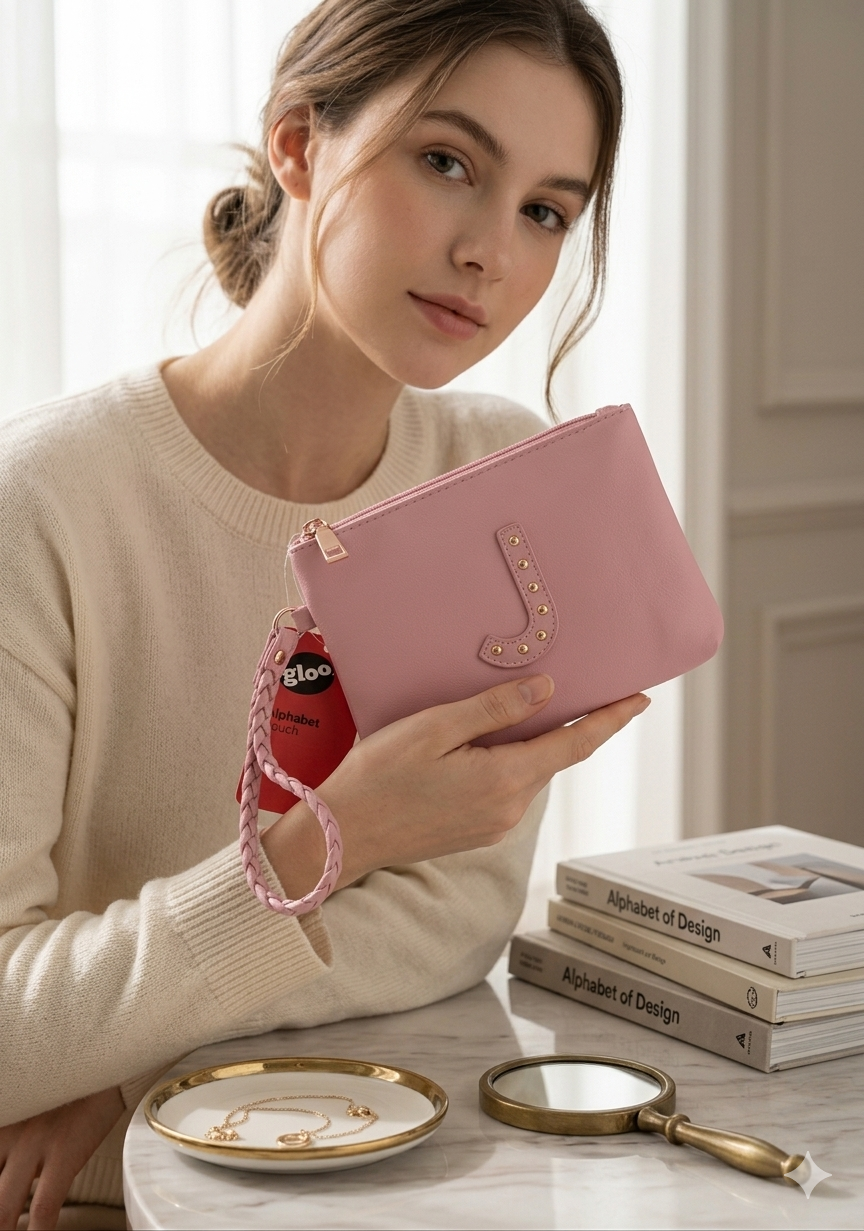 Gloo Studded Alphabet J Pouch with Wrist Tag and Zipper Closure