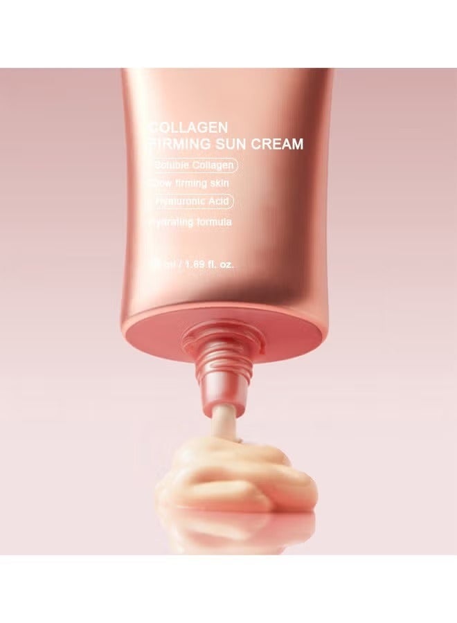 Collagen Firming Sun Cream 50ml, SPF50+ PA++++, Collagen Complex Water Resistant Sunscreen for Men and Women, Whitening, Wrinkle Improvement and UV Protection