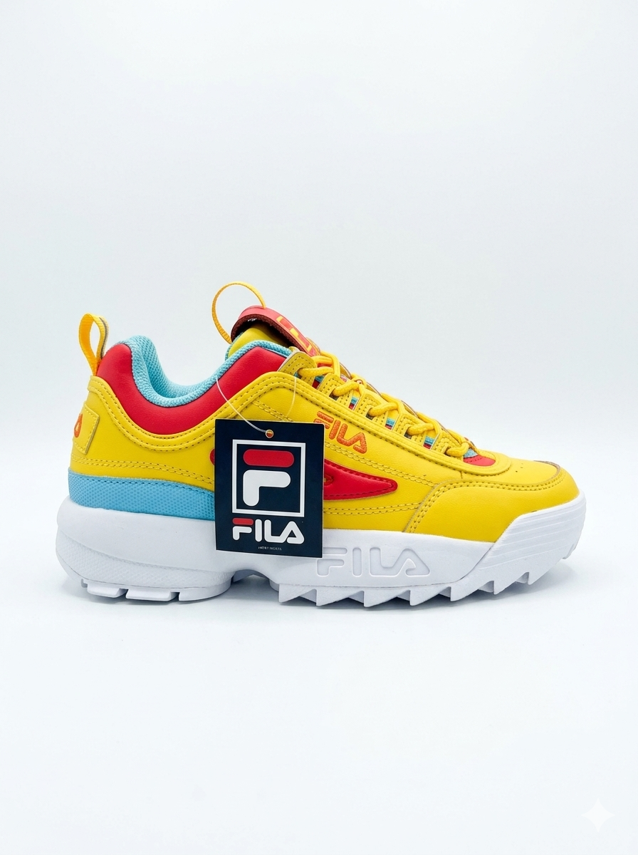 Fila Disruptor II Premium (Niños Grandes) Limón/Rosa Diva/Pescado Azul 5 Kids Shoes (3XM01606-749)