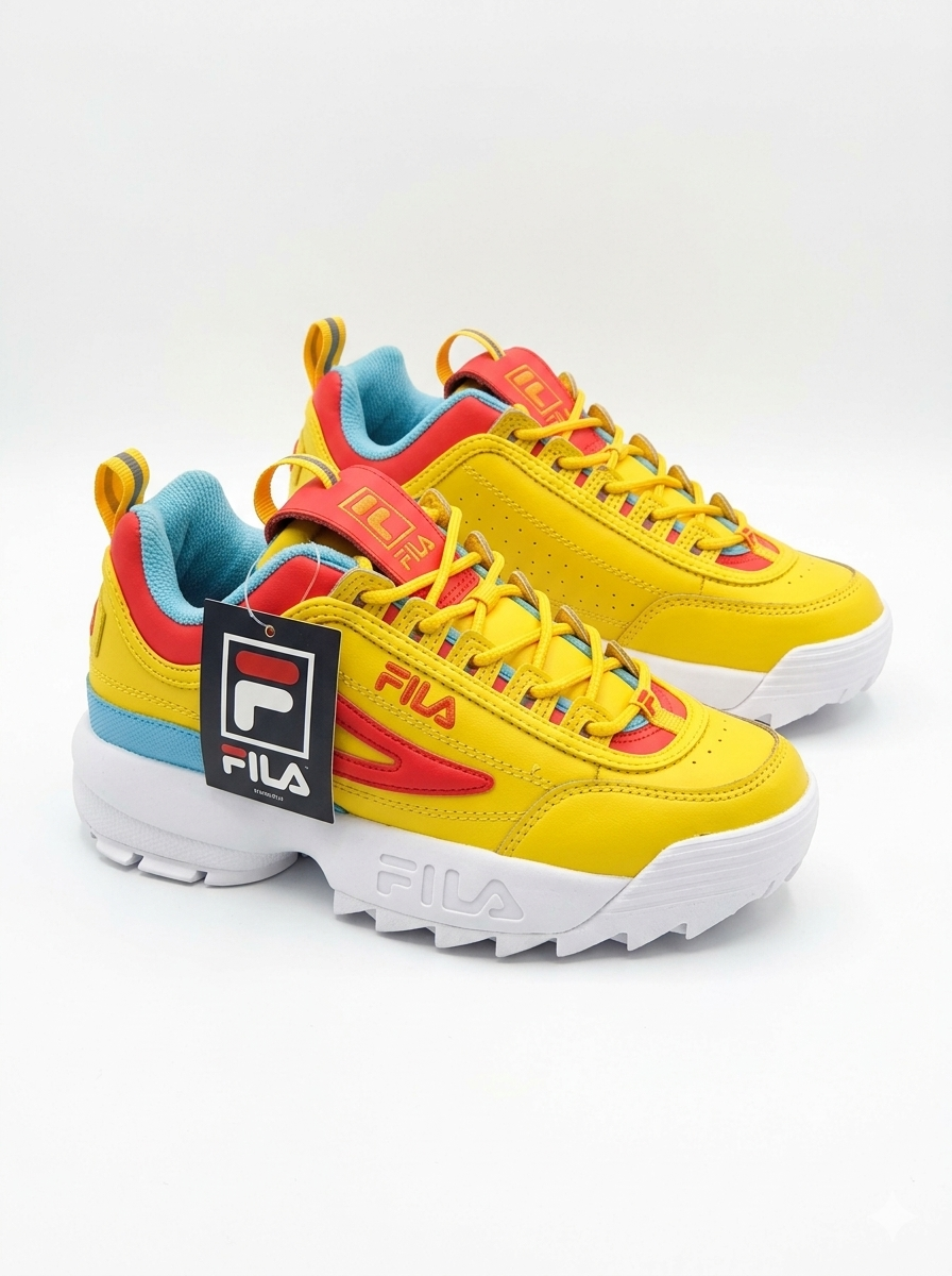 Fila Disruptor II Premium (Niños Grandes) Limón/Rosa Diva/Pescado Azul 5 Kids Shoes (3XM01606-749)