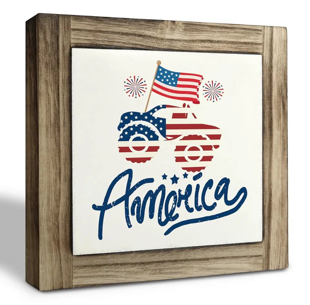 XJCUG Patriotic Wood Plaque Sign, Box Wood Plaques Desk Décor, America Sign, Patriotic Welcom, Independence Day Celebration Decor, Patriotic Table Shelf Decor, Home Decor Sign, National Day Gift