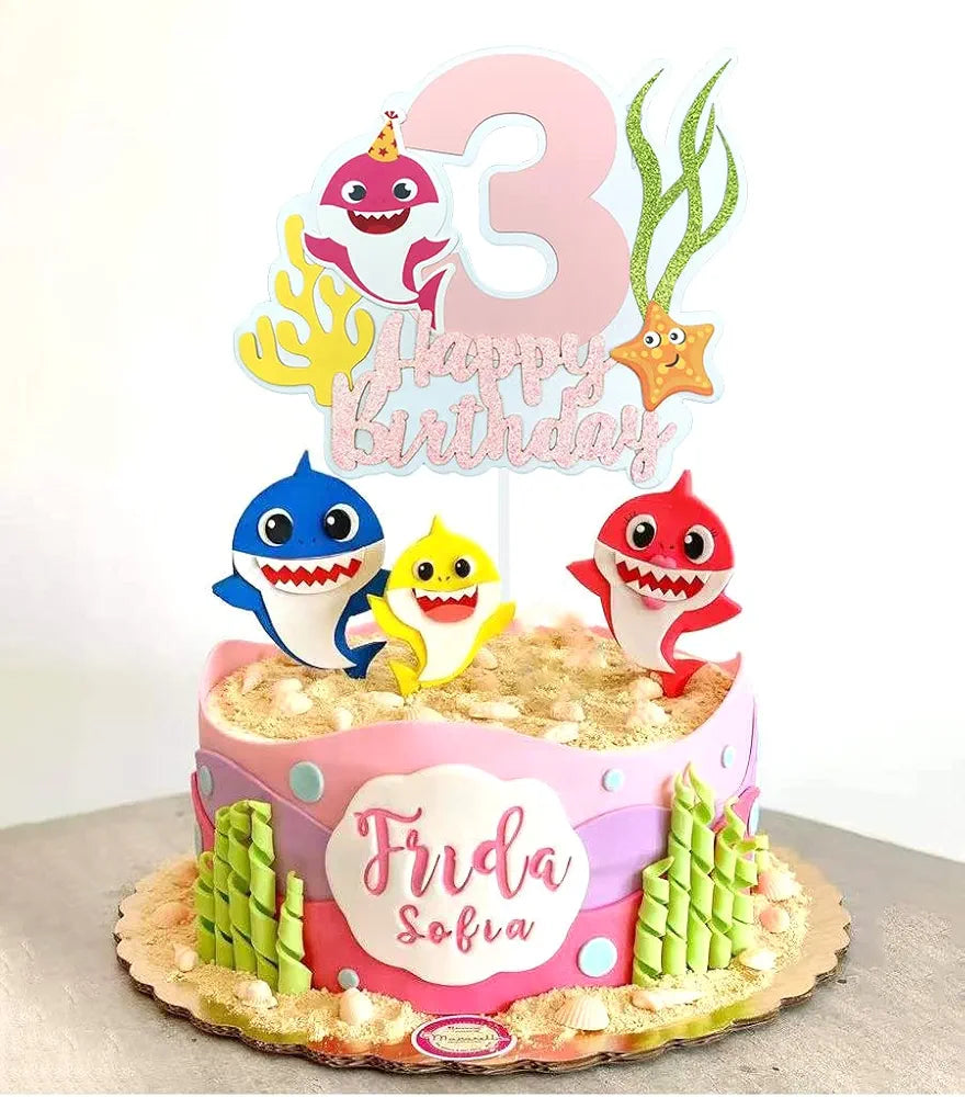 Pink Shark Baby Cake Topper 3,Shark Cake Topper 3rd Birthday Girl,Shark 3 Cake Topper for Baby Girls 3rd Birthday Decorations Shark Party Supplies