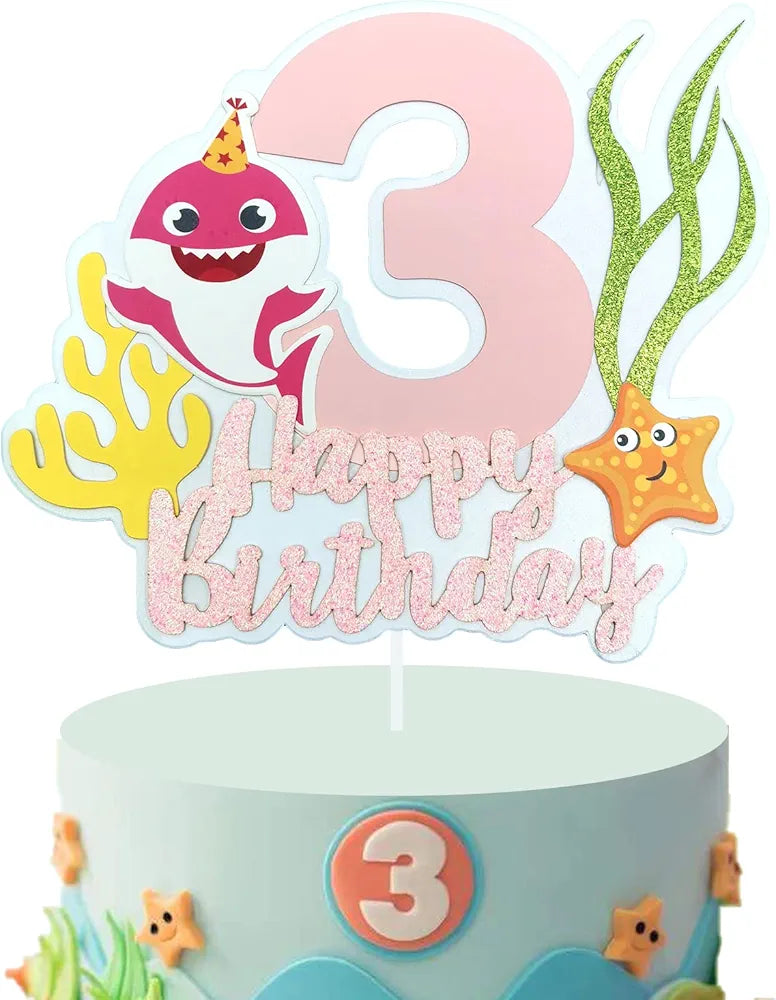 Pink Shark Baby Cake Topper 3,Shark Cake Topper 3rd Birthday Girl,Shark 3 Cake Topper for Baby Girls 3rd Birthday Decorations Shark Party Supplies