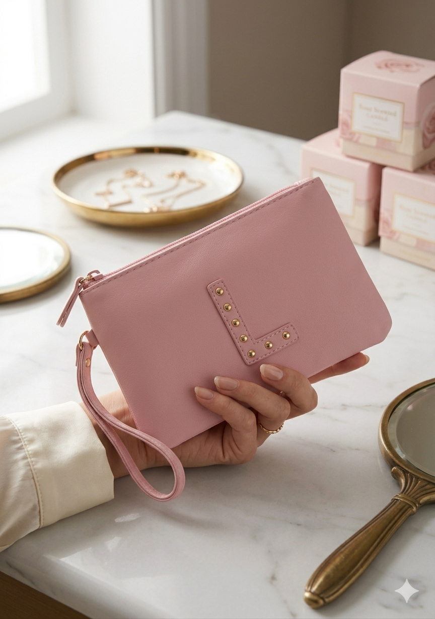 Gloo Studded Alphabet L Pouch with Wrist Tag and Zipper Closure
