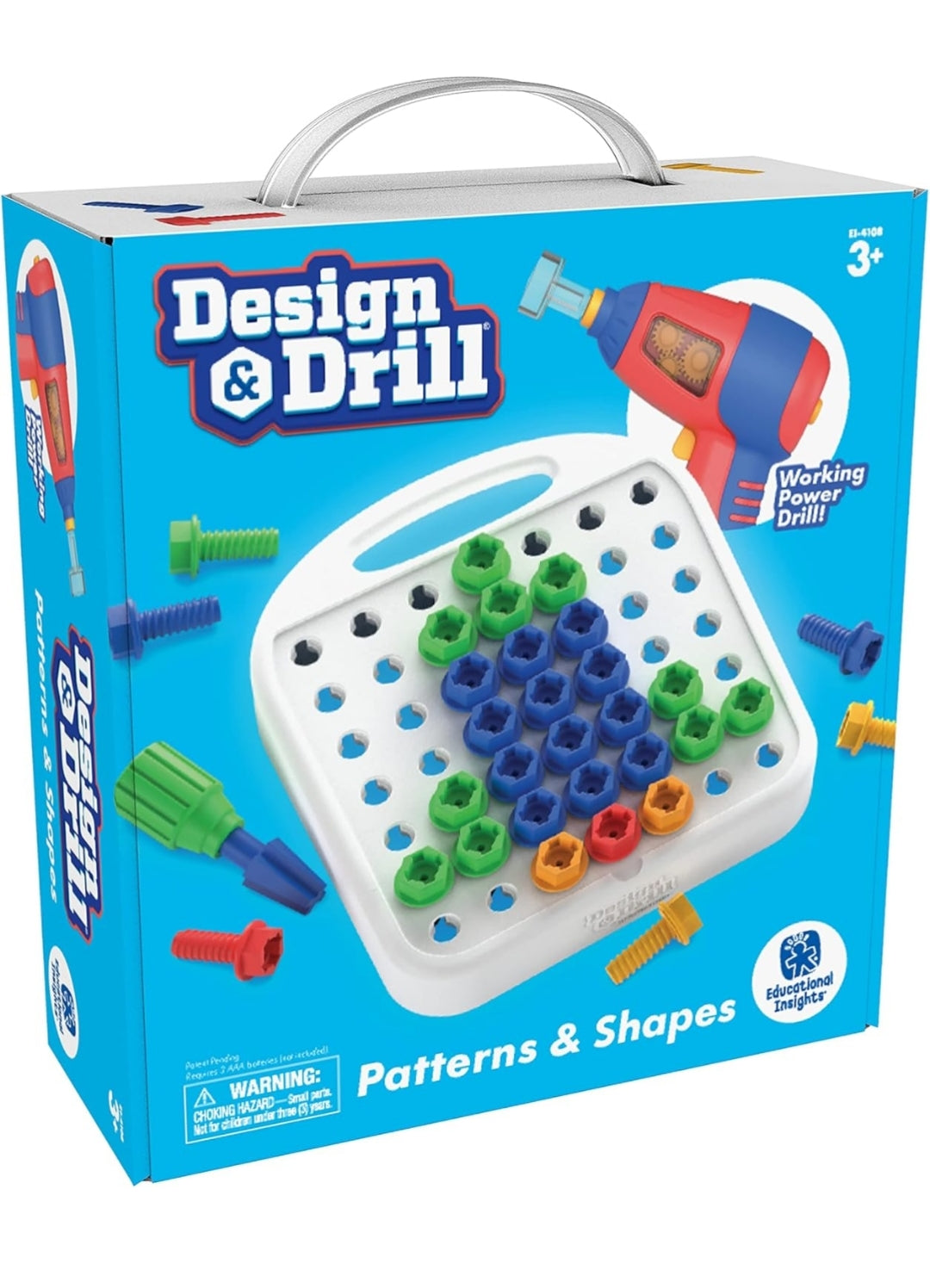Educational Insights Design & Drill Patterns & Shapes Drill Toy, 58 Pieces with Toy Drill, Preschool STEM Toy for Home & Classroom, Ages 3+