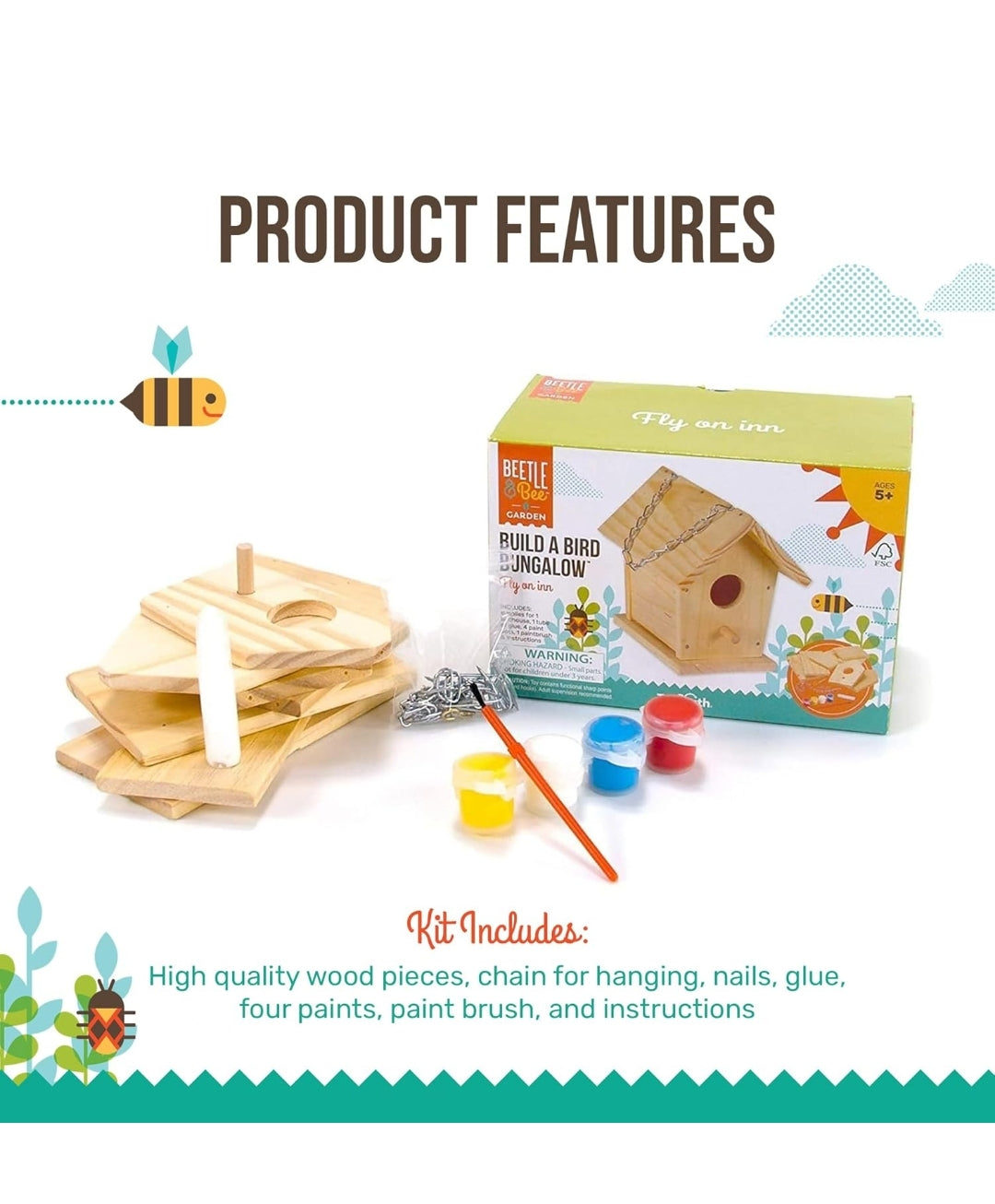 Toysmith Beetle & Bee Build A Bird Bungalow - DIY Kid Art Craft Outdoor Birdhouse Kit, 6" x 4" 6", Hardware glue included- 4 Paints, 1 Brush, 7 Wooden Pcs, Chain for Tree Hanging, Age 5+