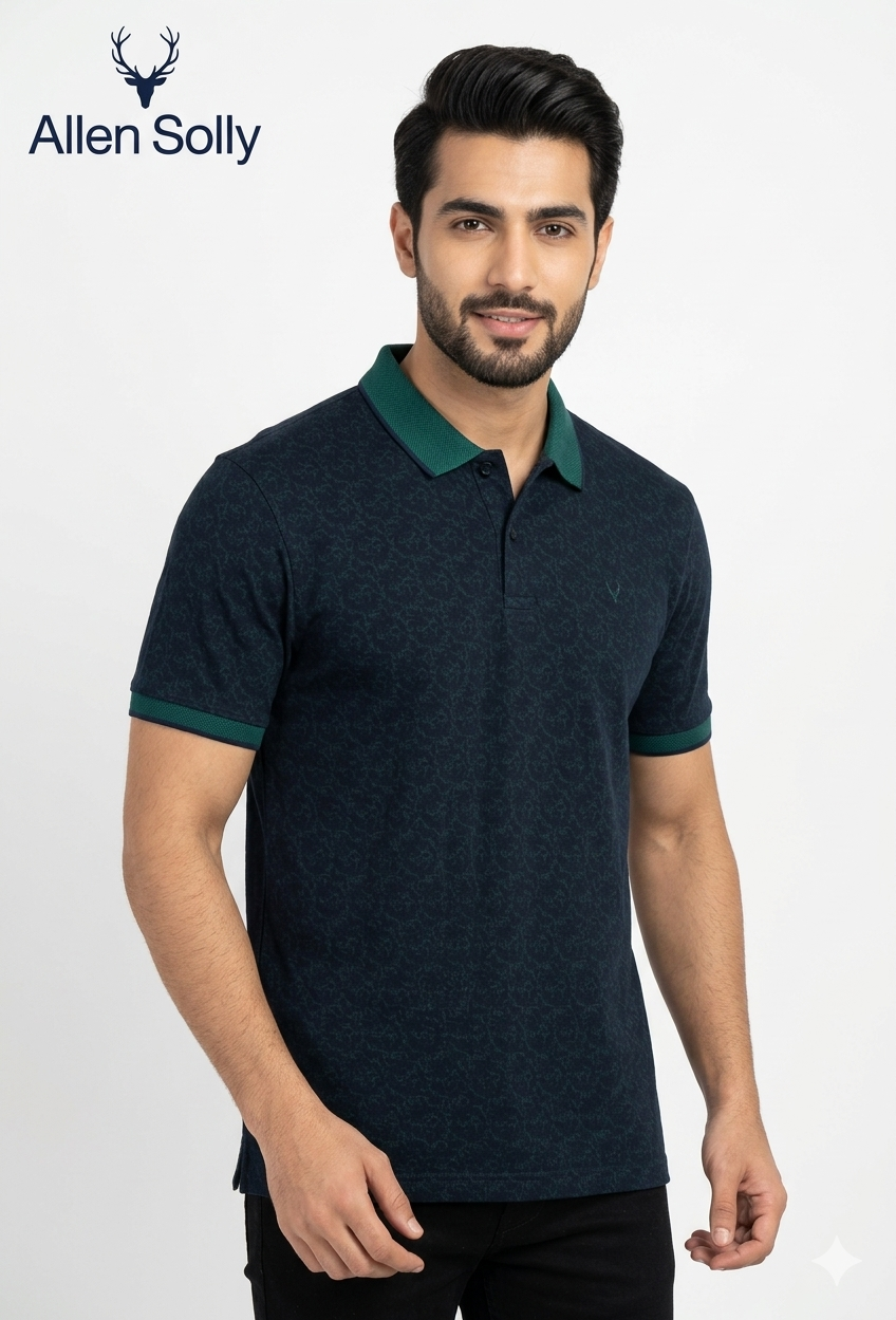 Allen Solly Men's Premium Slim-Fit Patterned Polo Shirt – Deep Navy & Forest Green