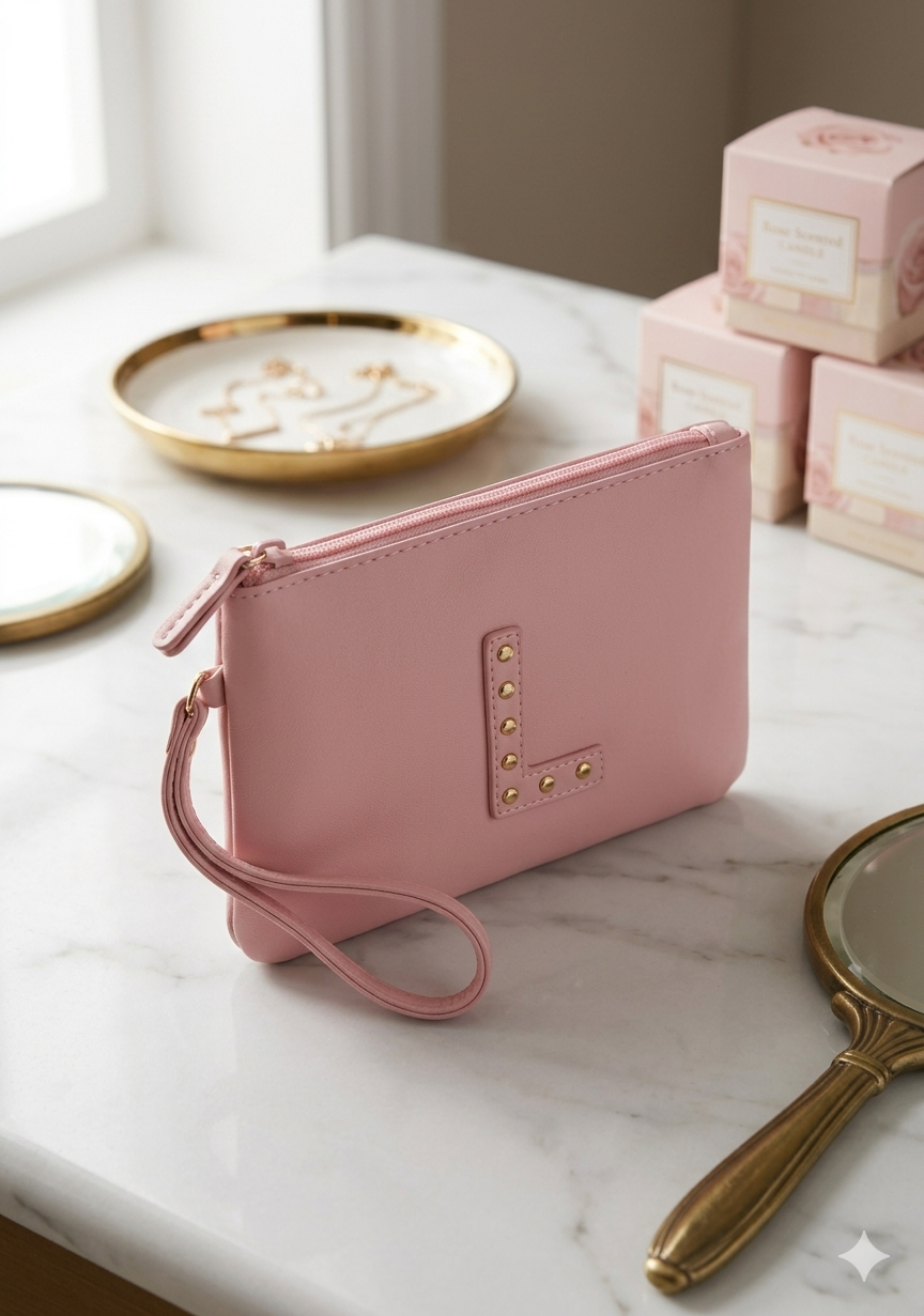Gloo Studded Alphabet L Pouch with Wrist Tag and Zipper Closure