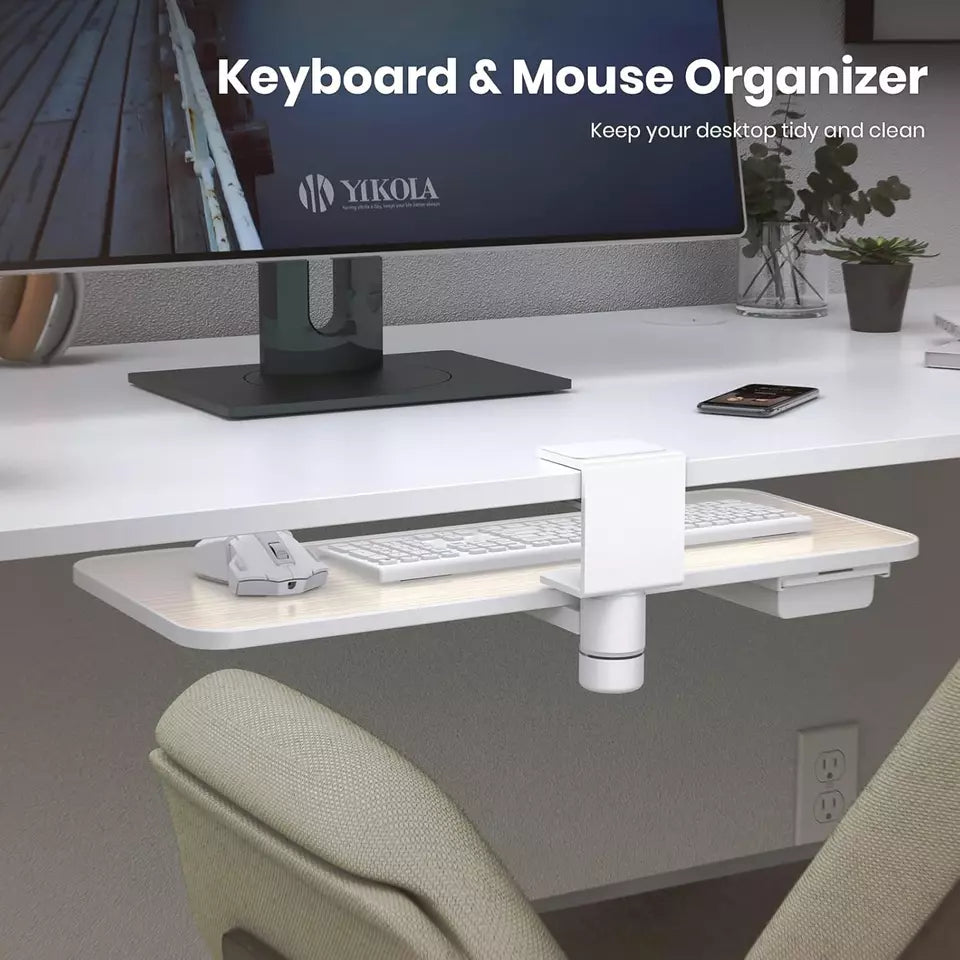 Keyboard Tray Under Desk, 360 Rotating Keyboard&Mouse Tray with Drawer, Yikola Desk Extender Adjustable C-Clamp, Ergonomic Platform Tray Under Table, No Drilling Install in-Oak Pattern