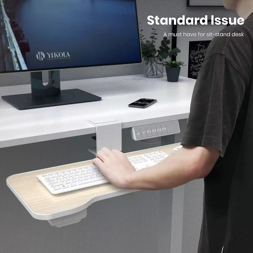 Keyboard Tray Under Desk, 360 Rotating Keyboard&Mouse Tray with Drawer, Yikola Desk Extender Adjustable C-Clamp, Ergonomic Platform Tray Under Table, No Drilling Install in-Oak Pattern