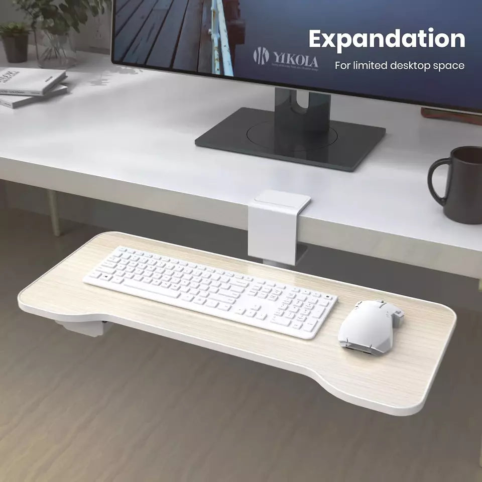 Keyboard Tray Under Desk, 360 Rotating Keyboard&Mouse Tray with Drawer, Yikola Desk Extender Adjustable C-Clamp, Ergonomic Platform Tray Under Table, No Drilling Install in-Oak Pattern