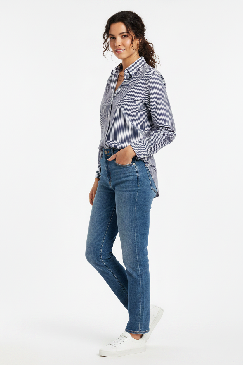 Woman in Striped Shirt - Half Tucked