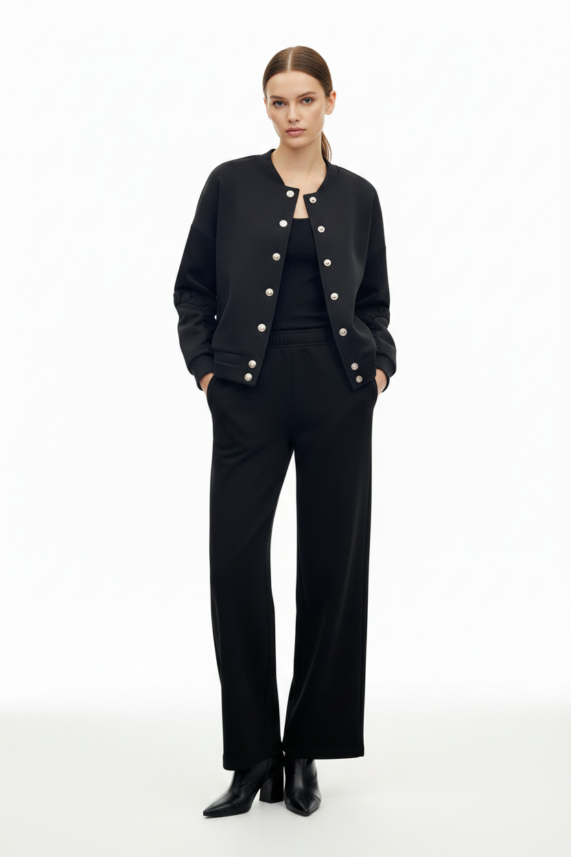 Woman wearing black cardigan and wide-leg trousers