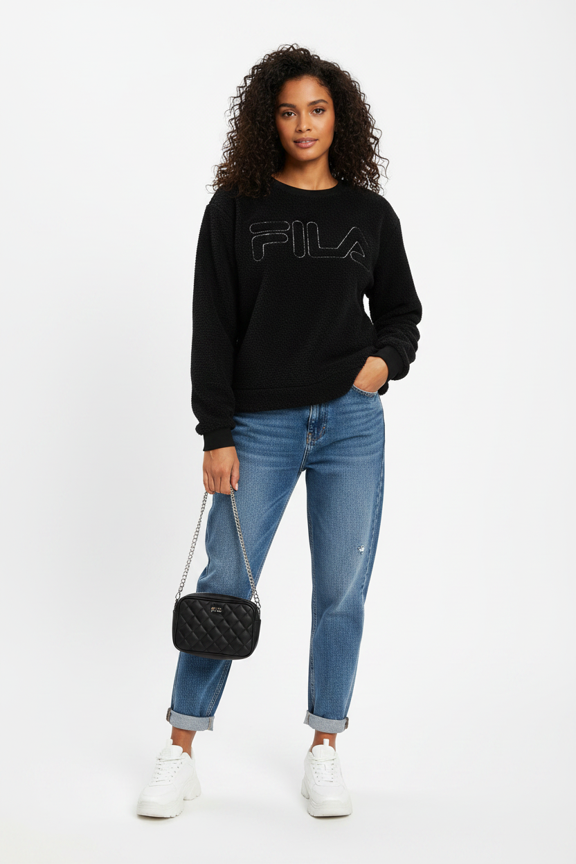 Woman wearing FILA fleece sweatshirt