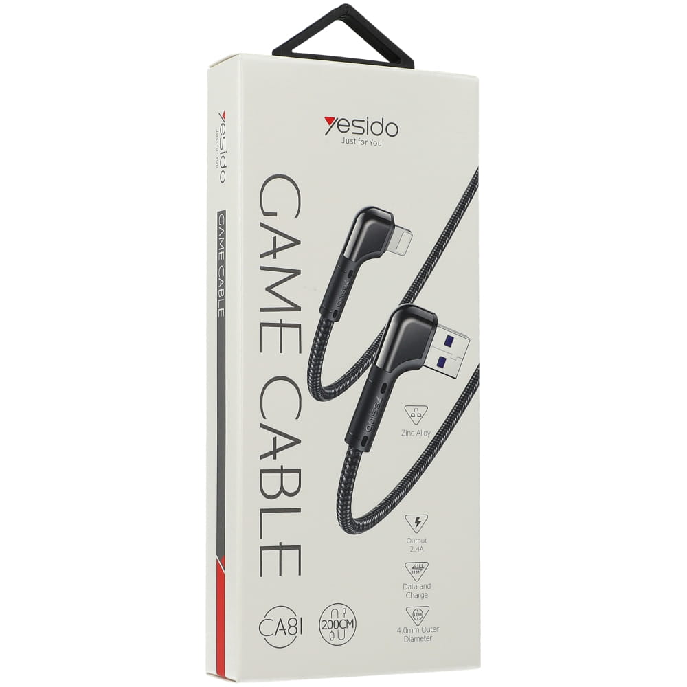 كابل ألعاب يسيدو USB-A / كابل لايتنينج نايلون بزاوية، 12 واط 2.4 أمبير، أسود