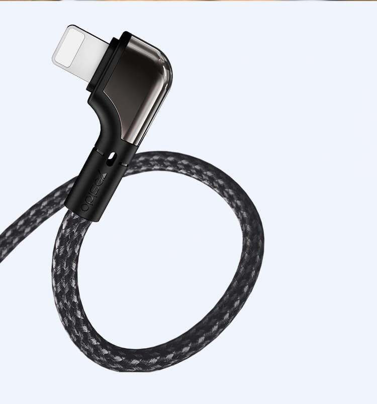 كابل ألعاب يسيدو USB-A / كابل لايتنينج نايلون بزاوية، 12 واط 2.4 أمبير، أسود
