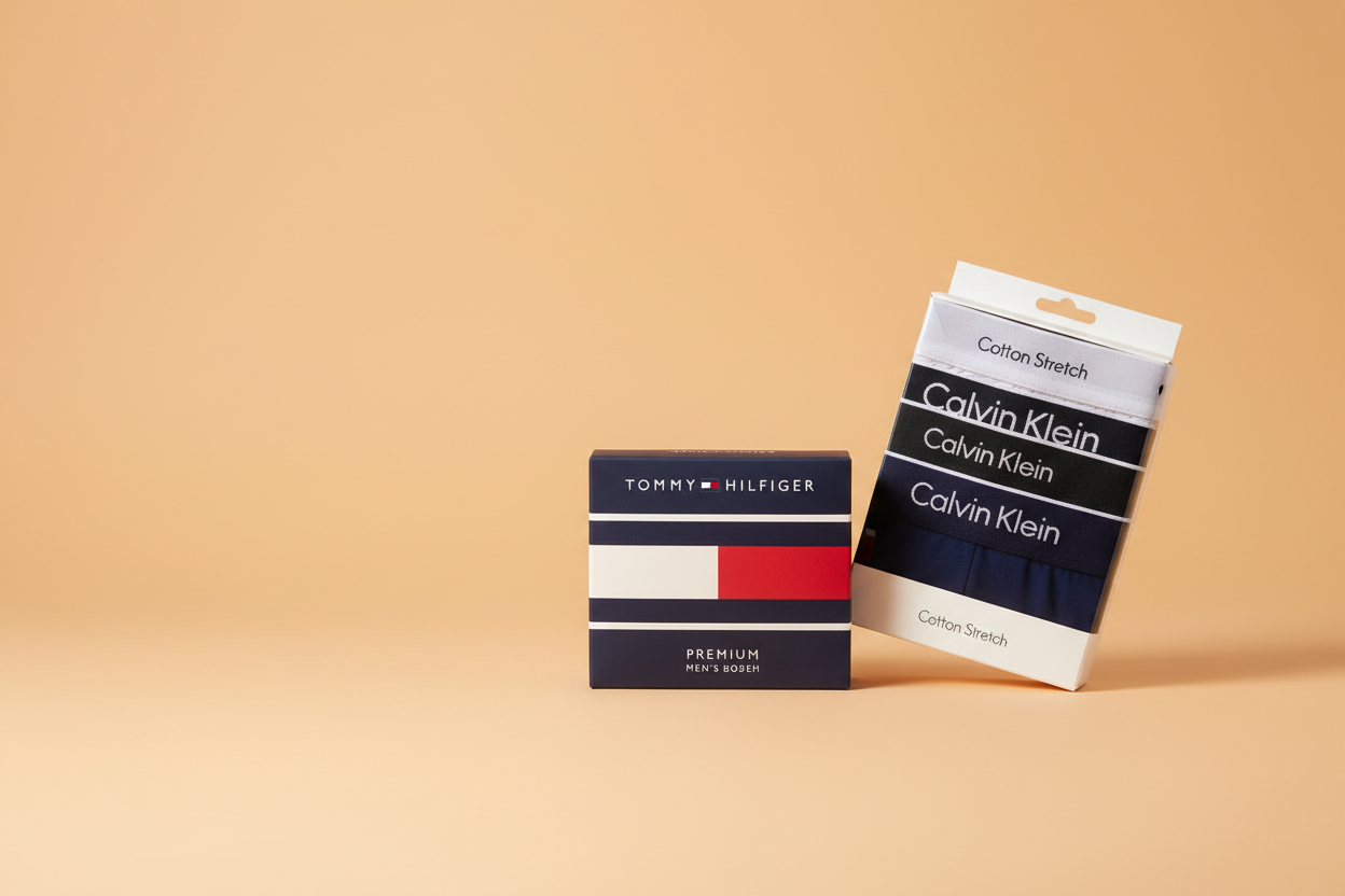 Tommy Hilfiger, Lacoste and Fila men's boxer shorts collection on light orange background