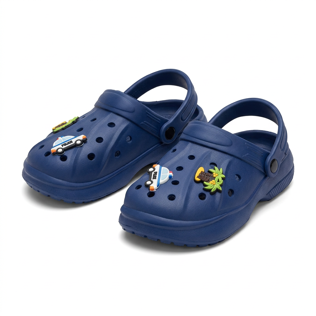 Clogs Kids' Classic Blue purple  with Police Car & Palm Tree Charms.