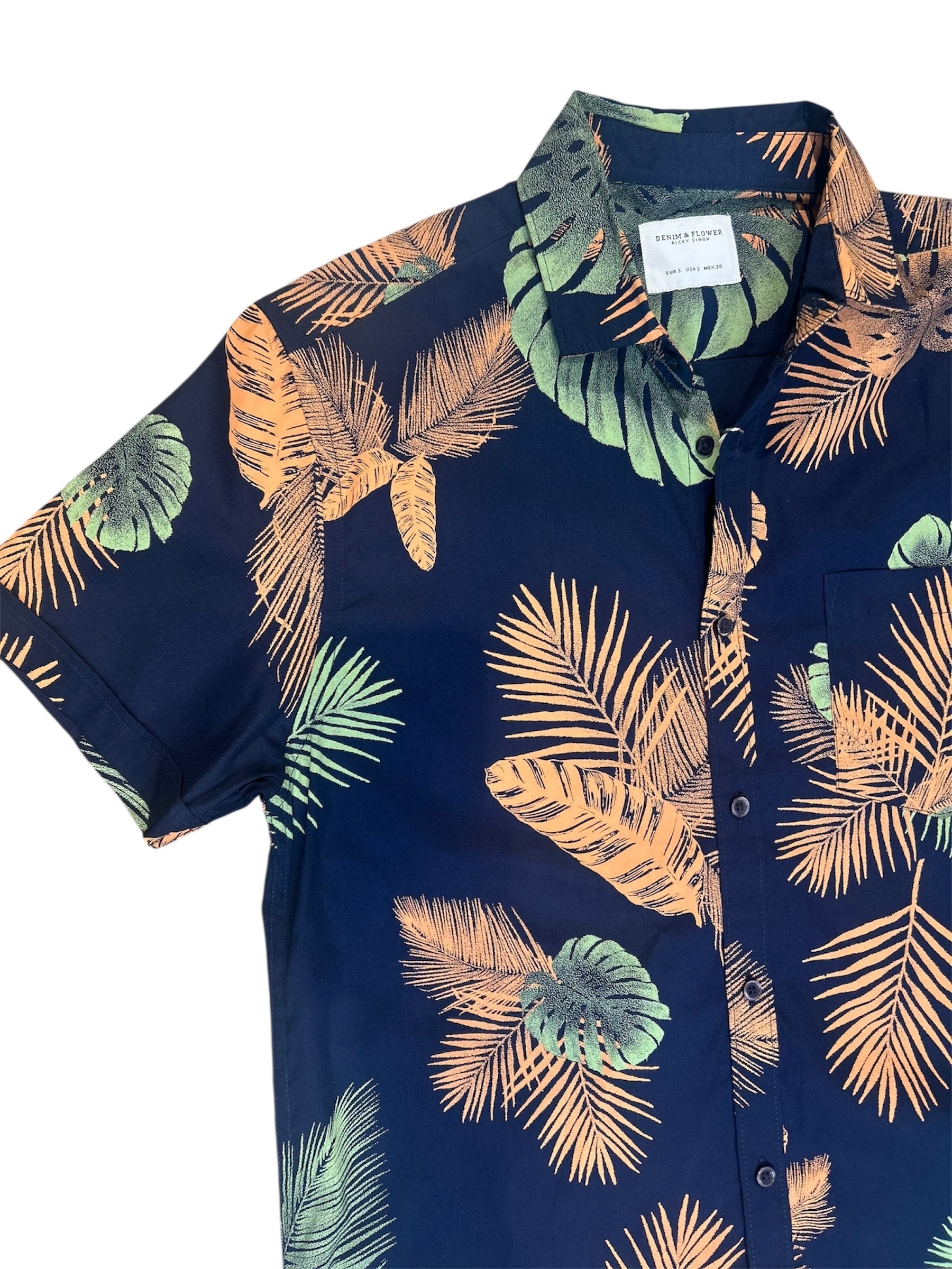 Denim & Flower Ricky Singh Men’s Leaf Print Half Sleeve Shirt – Casual Summer Wear