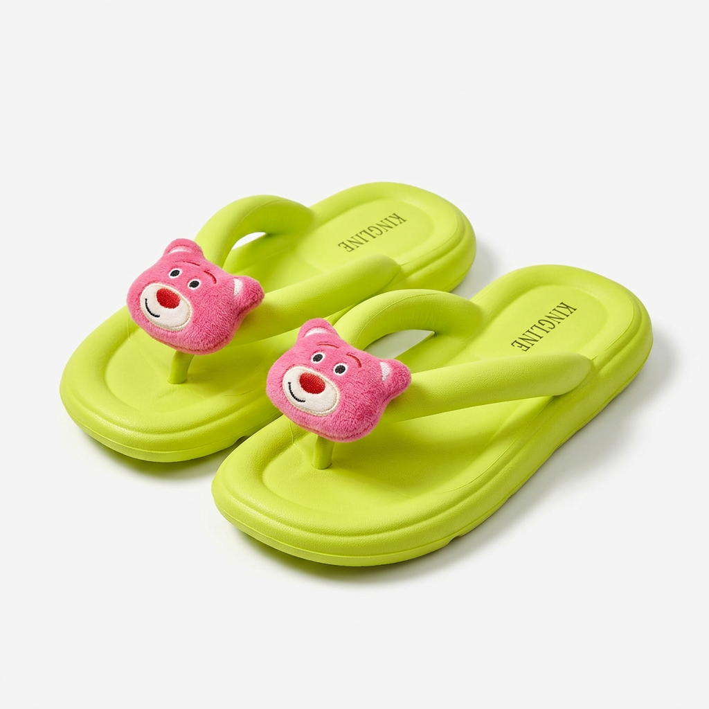 KINGLINE Neon Green Lotso Bear Flip-Flops for Women