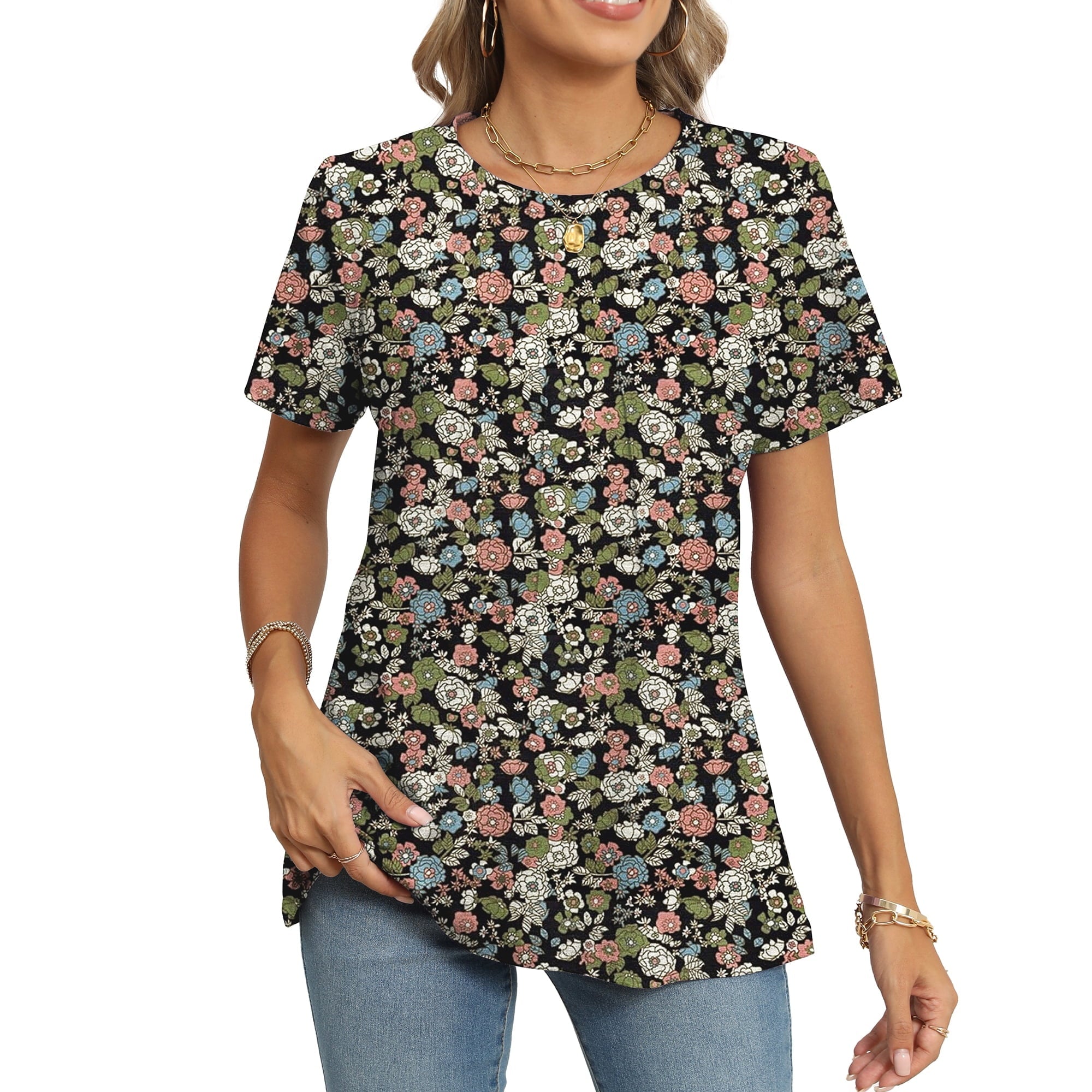SIZE: 2XL - Rosvigor Blouses for Women Short Sleeve Shirts Casual Dressy Summer Tops with Pleats